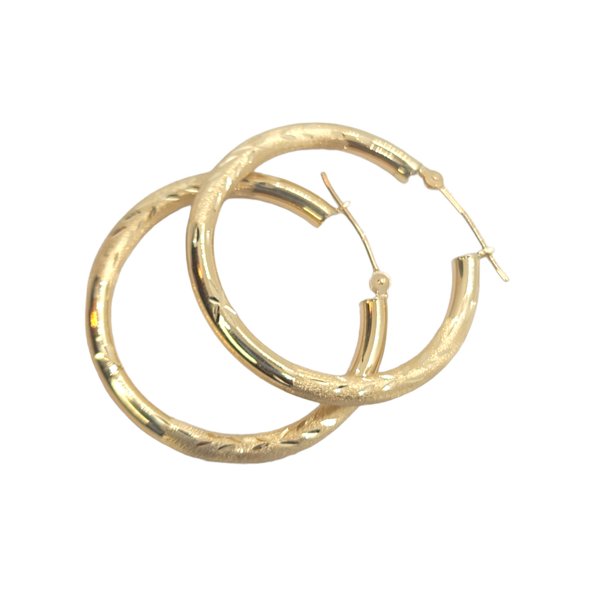 14kt Yellow Gold 3mm Hoops Satin & Diamond Cut finish 1"inch